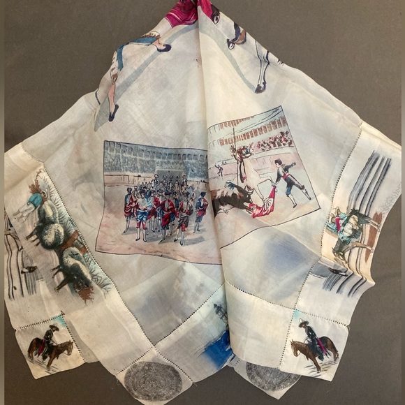 Vintage Silky Scarf with Bullfighting Theme - Picture 4 of 6